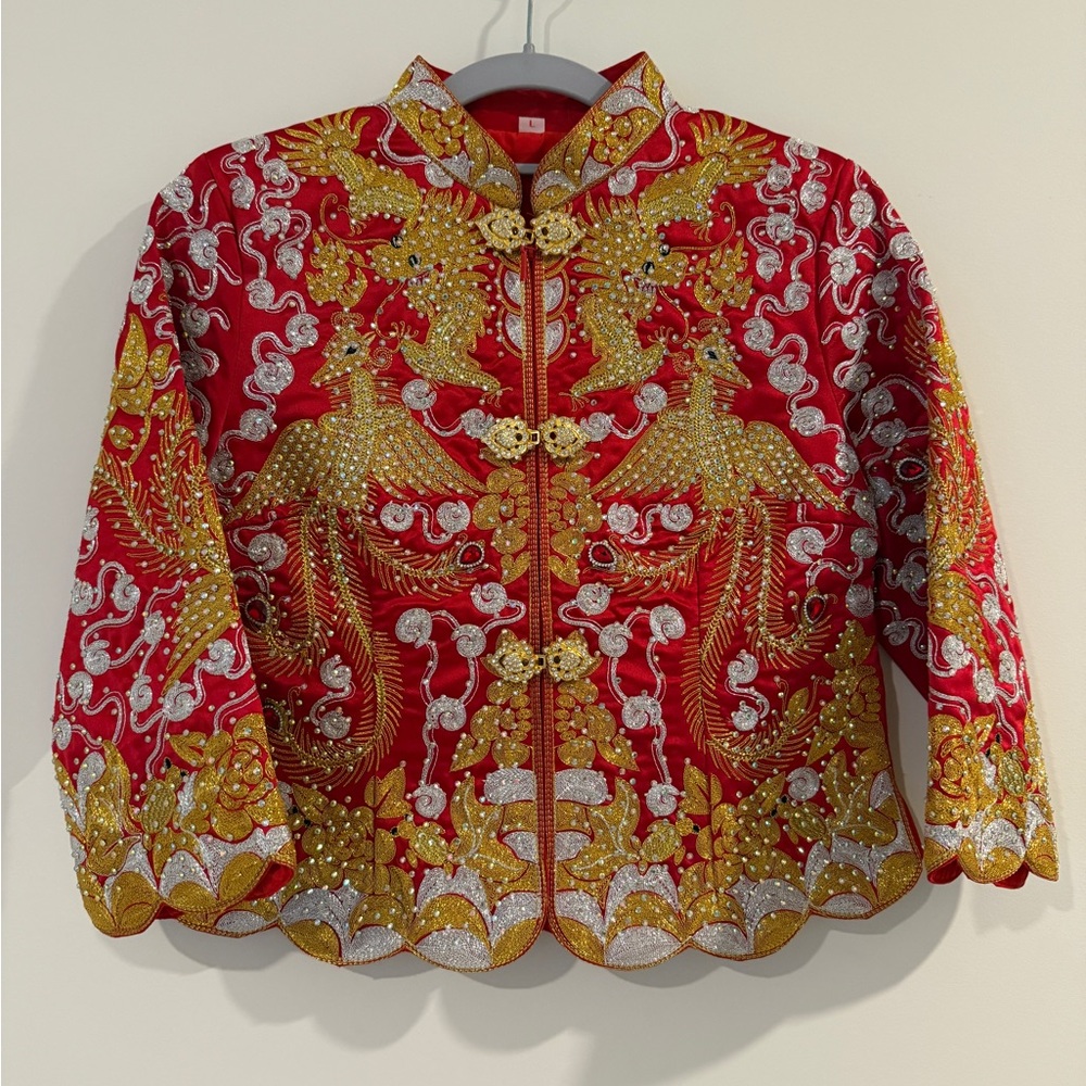 Elegant Shiny Red Embroidered Phoenix Qun Kwa or Qun Kua for Weddings (Set)
